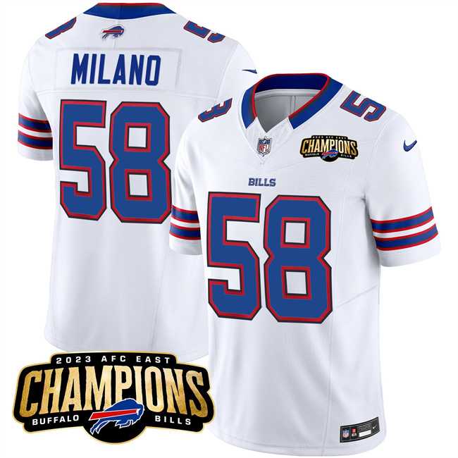Men & Women & Youth Buffalo Bills #58 Matt Milano White 2023 F.U.S.E. AFC East Champions Ptach Stitched Jersey->buffalo bills->NFL Jersey